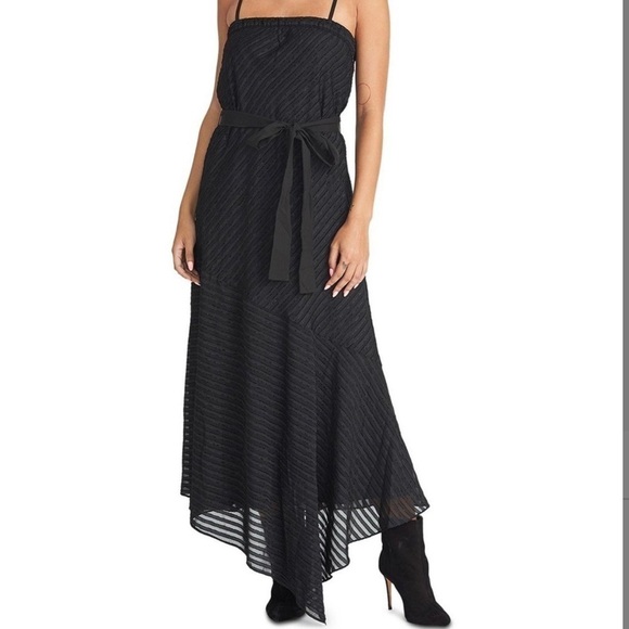 𝅺new RACHEL Rachel Roy Black Striped Asymmetrical Hem Maxi Dress US XS - Picture 1 of 7
